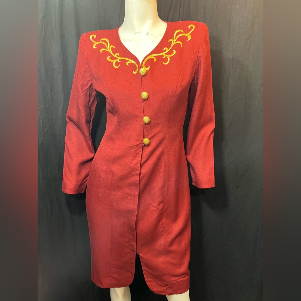 Vtg. Ann Tobias Petites Sz 6 Burgundy Dress Coat With Gold Embroidery/Buttons